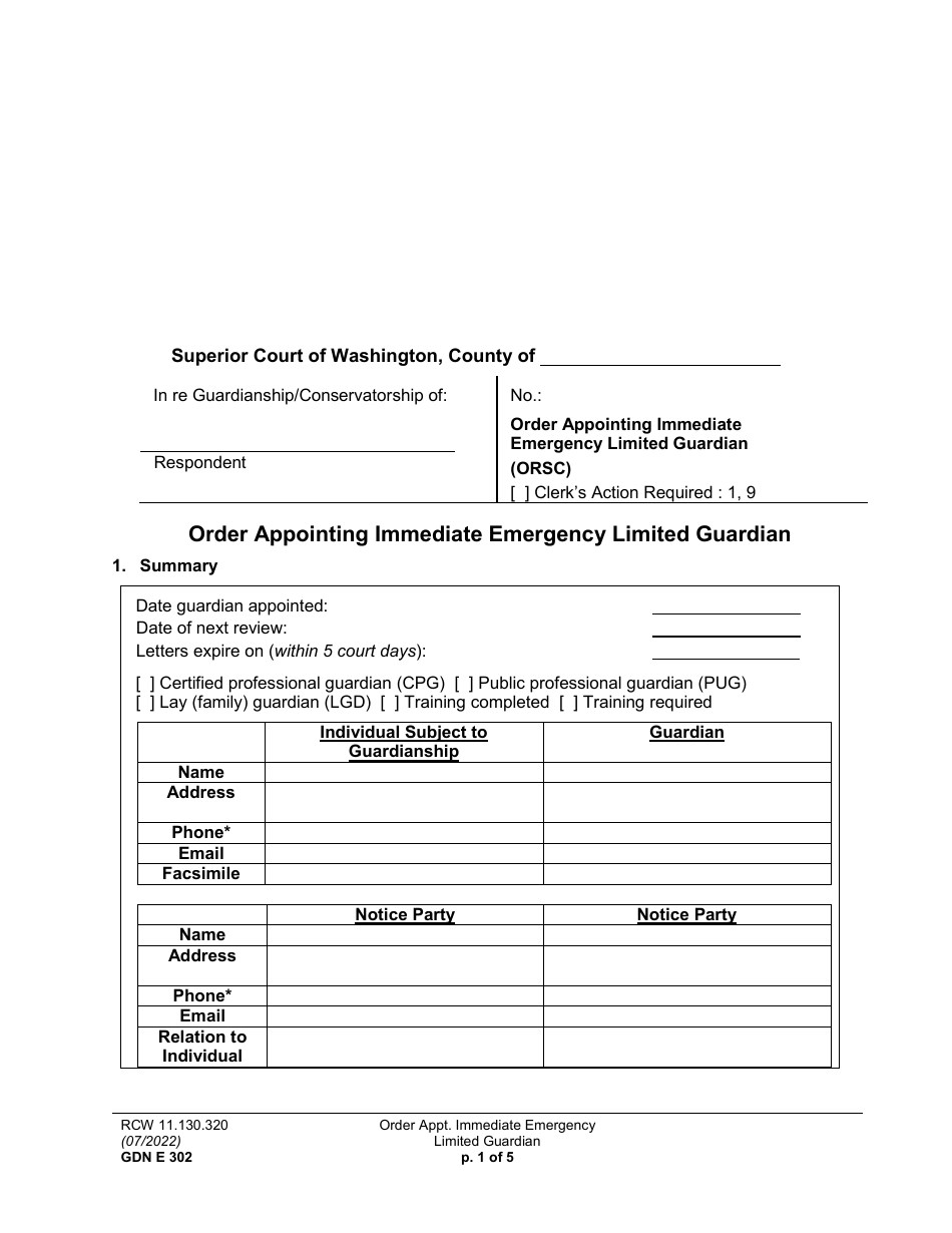 Form GDN E302 Order Appointing Immediate Emergency Limited Guardian - Washington, Page 1