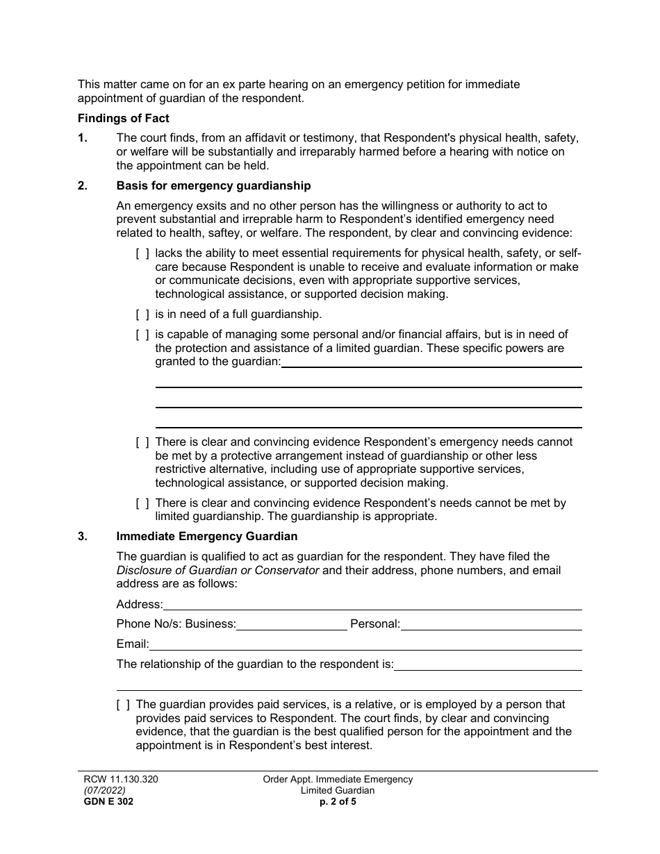 Form GDN E302 Order Appointing Immediate Emergency Limited Guardian - Washington, Page 2