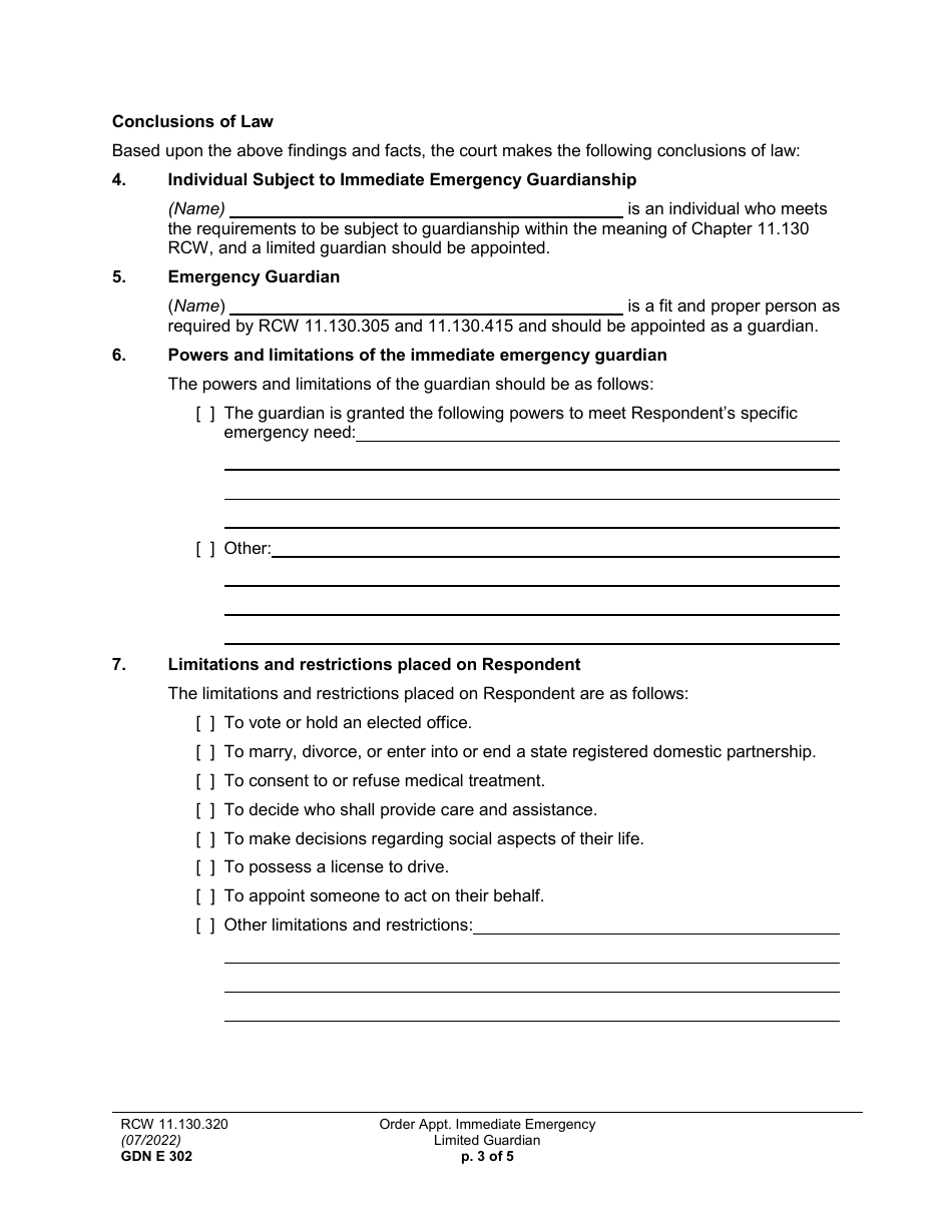 Form GDN E302 Order Appointing Immediate Emergency Limited Guardian - Washington, Page 3