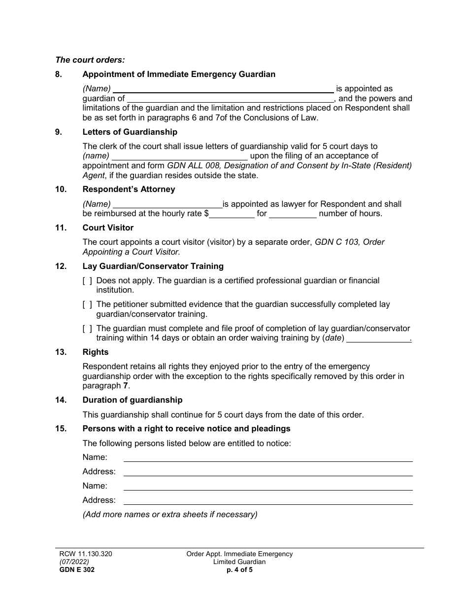 Form GDN E302 Order Appointing Immediate Emergency Limited Guardian - Washington, Page 4