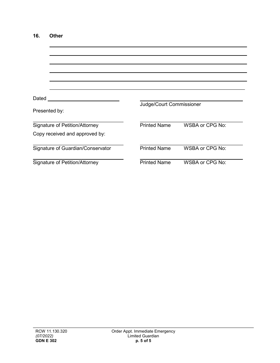 Form GDN E302 Order Appointing Immediate Emergency Limited Guardian - Washington, Page 5