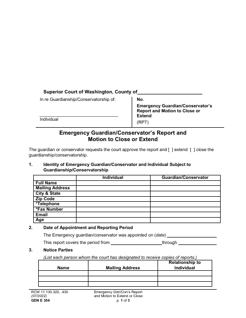Form GDN E304 Emergency Guardian/Conservator's Report and Motion to Close or Extend - Washington