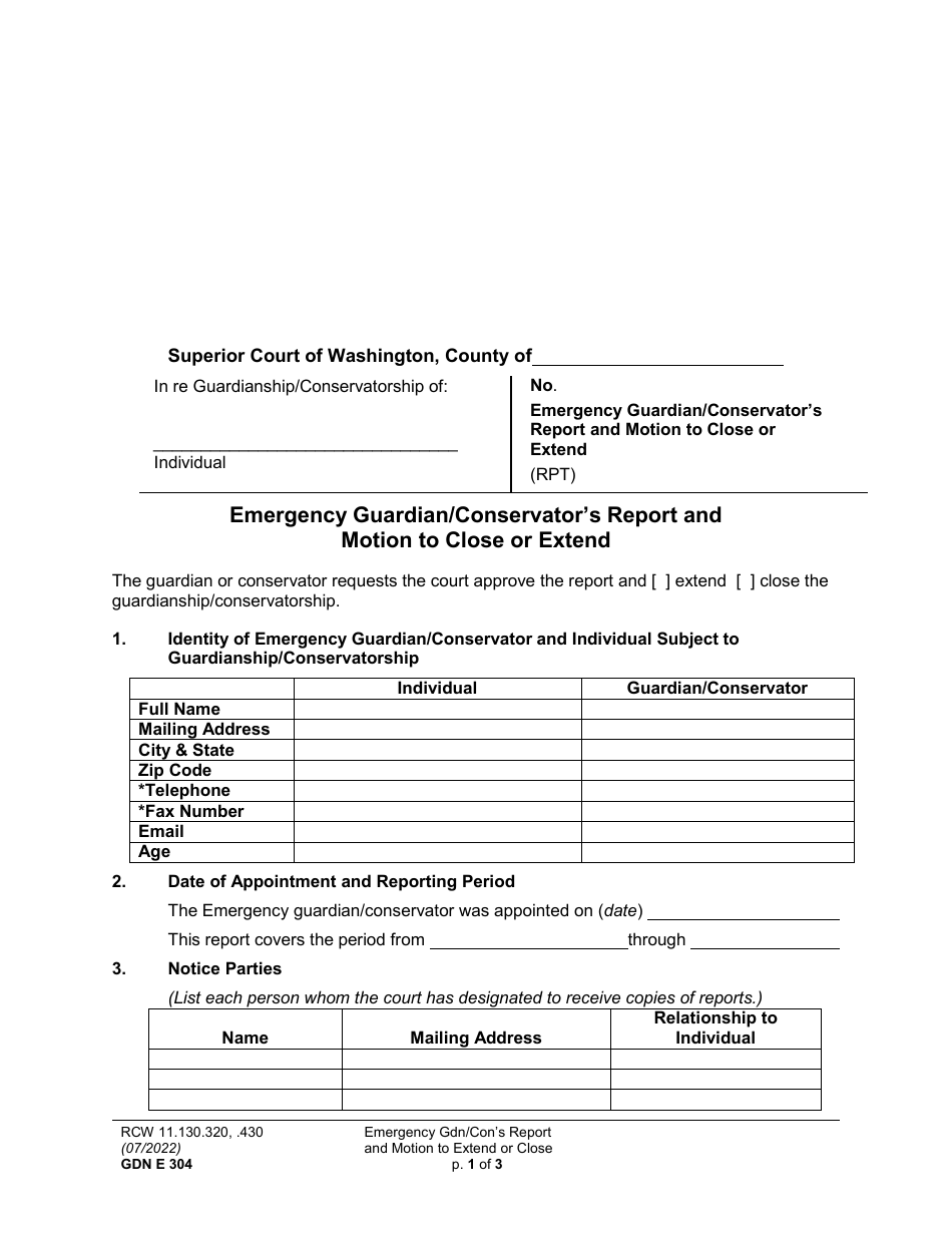 Form GDN E304 Emergency Guardian / Conservators Report and Motion to Close or Extend - Washington, Page 1