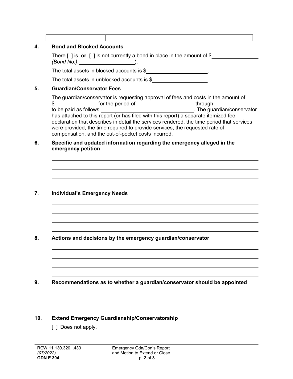 Form GDN E304 Emergency Guardian / Conservators Report and Motion to Close or Extend - Washington, Page 2