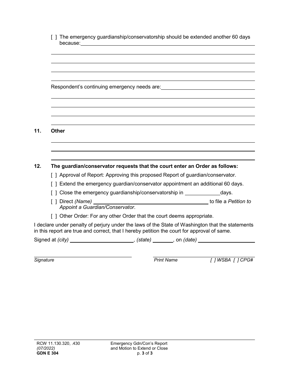 Form GDN E304 Emergency Guardian / Conservators Report and Motion to Close or Extend - Washington, Page 3