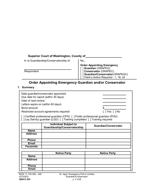 Form GDN E303 Order Appointing Emergency Guardian and/or Conservator - Washington