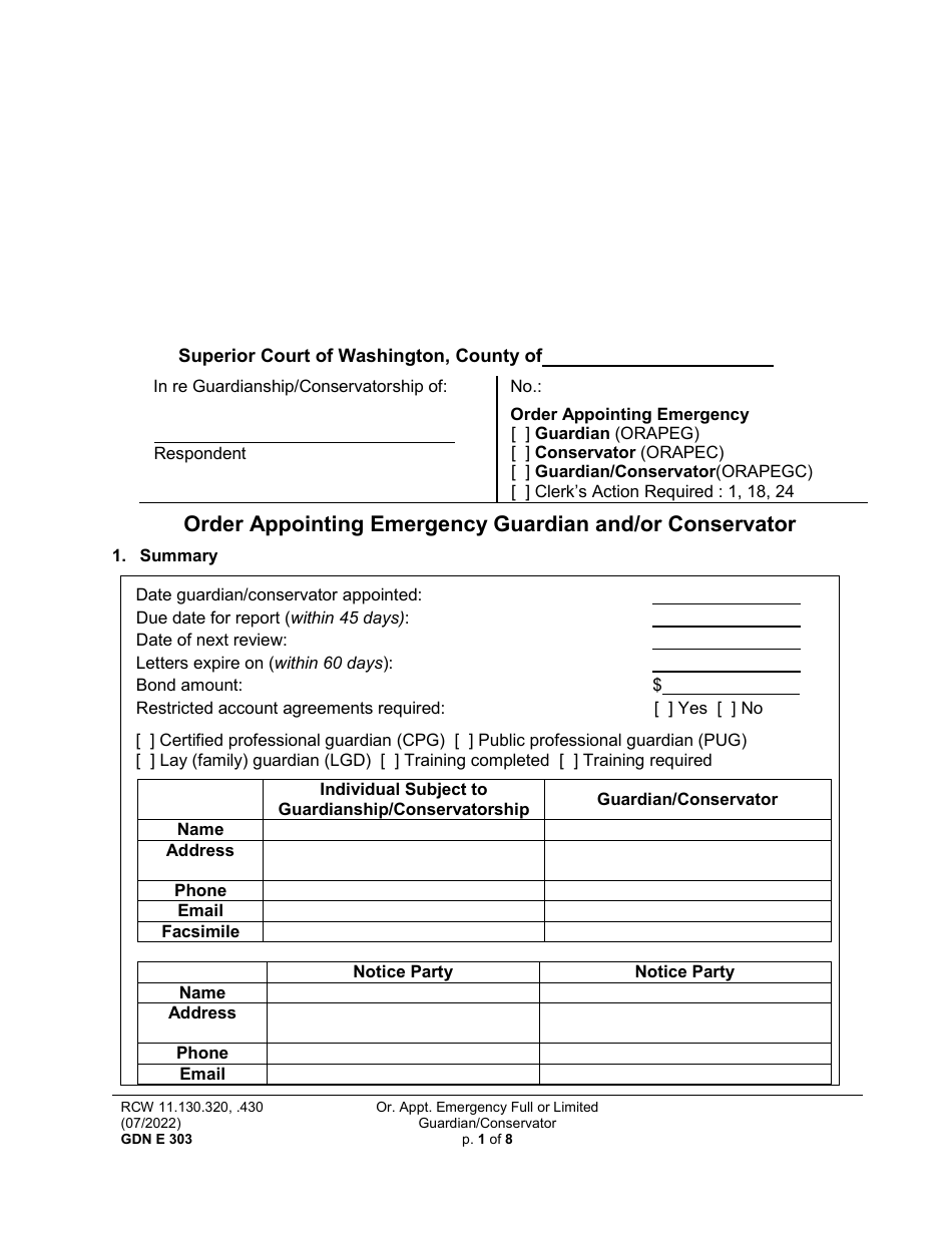 Form GDN E303 Order Appointing Emergency Guardian and / or Conservator - Washington, Page 1