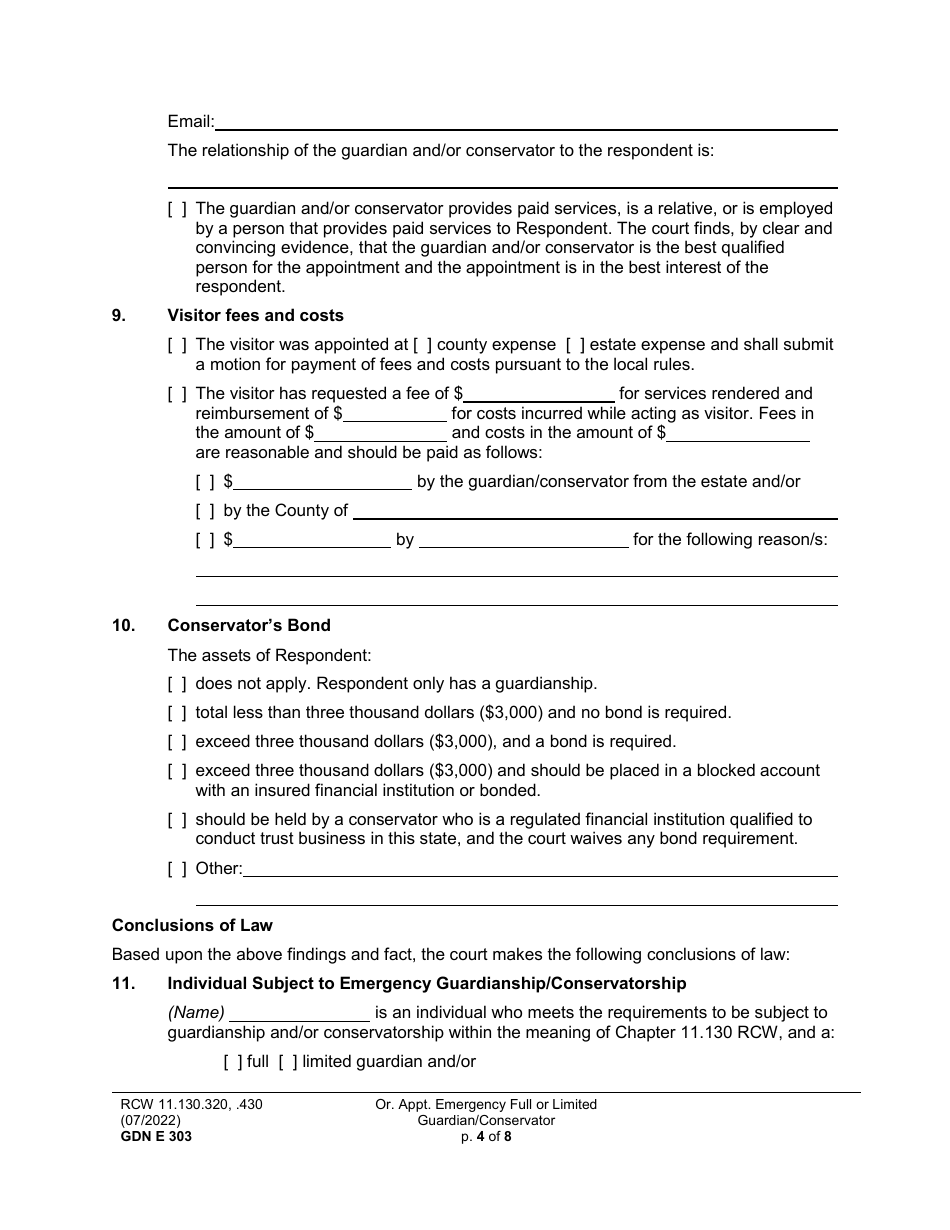 Form GDN E303 Order Appointing Emergency Guardian and / or Conservator - Washington, Page 4