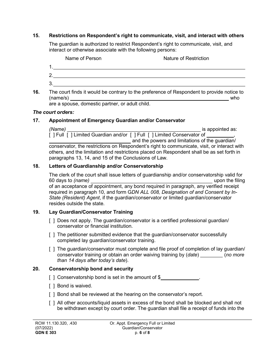 Form GDN E303 Order Appointing Emergency Guardian and / or Conservator - Washington, Page 6