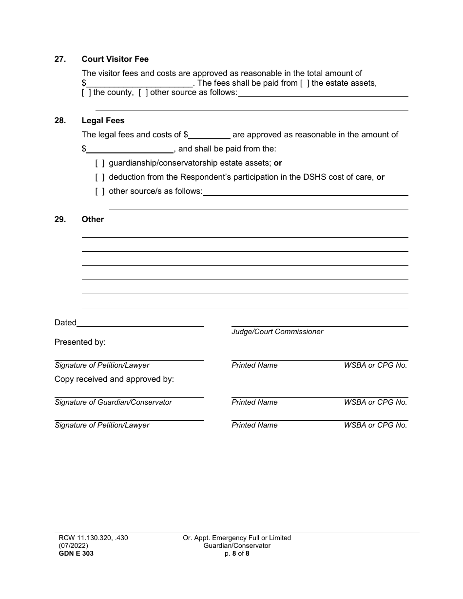 Form GDN E303 Order Appointing Emergency Guardian and / or Conservator - Washington, Page 8