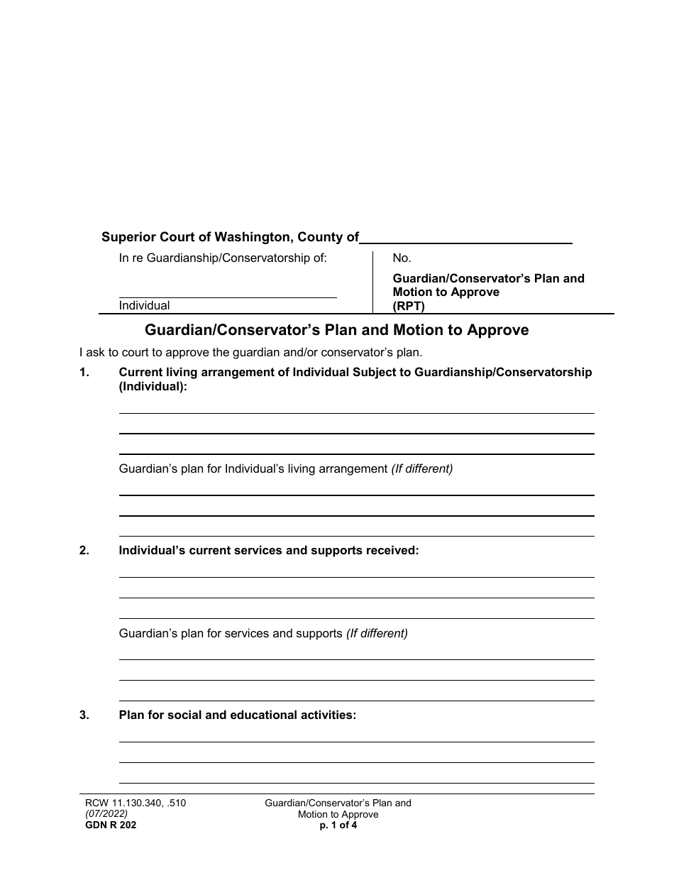 Form GDN R202 Guardian / Conservators Plan and Motion to Approve - Washington, Page 1