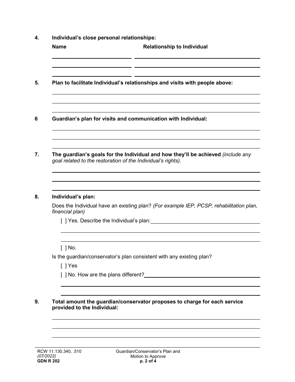 Form GDN R202 Guardian / Conservators Plan and Motion to Approve - Washington, Page 2