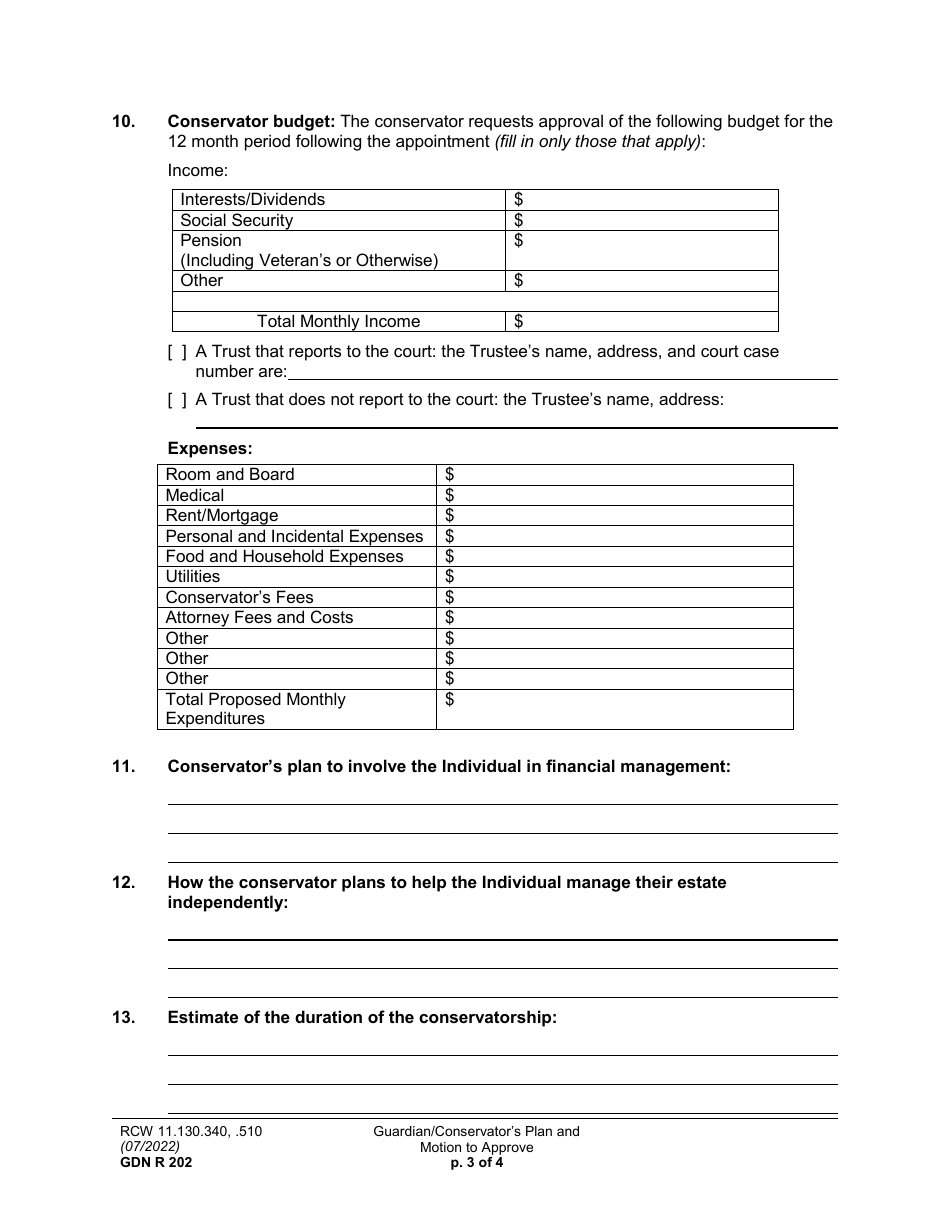 Form GDN R202 Guardian / Conservators Plan and Motion to Approve - Washington, Page 3