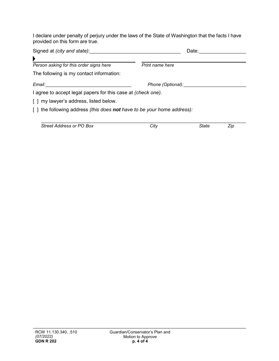 Form GDN R202 Guardian / Conservators Plan and Motion to Approve - Washington, Page 4