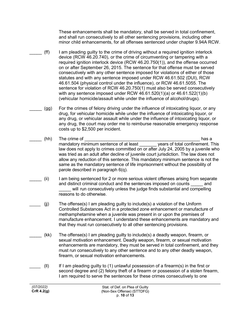 Form CRR4.2(G) NON-SEX OFFENSE Statement of Defendant on Plea of Guilty to Non-sex Offense (Felony) - Washington, Page 10