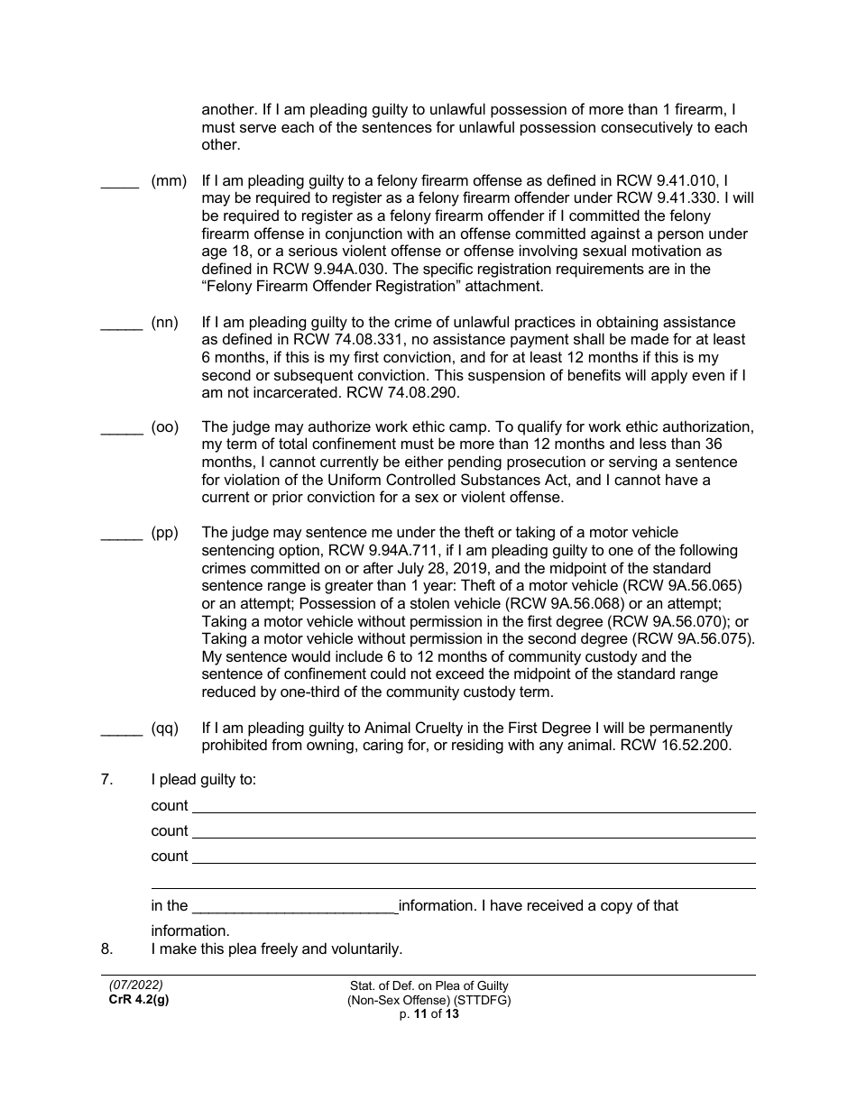 Form CRR4.2(G) NON-SEX OFFENSE Statement of Defendant on Plea of Guilty to Non-sex Offense (Felony) - Washington, Page 11