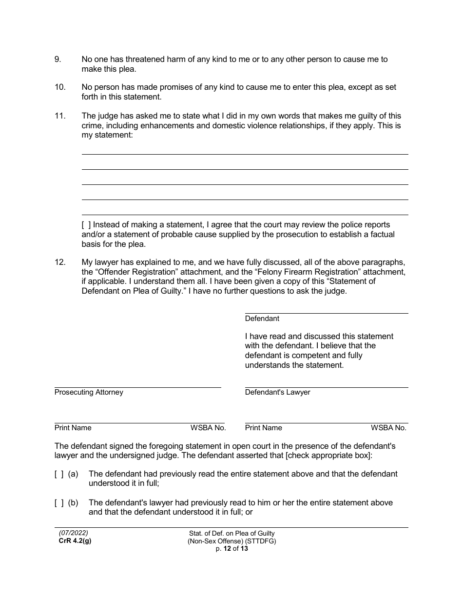 Form CRR4.2(G) NON-SEX OFFENSE Statement of Defendant on Plea of Guilty to Non-sex Offense (Felony) - Washington, Page 12