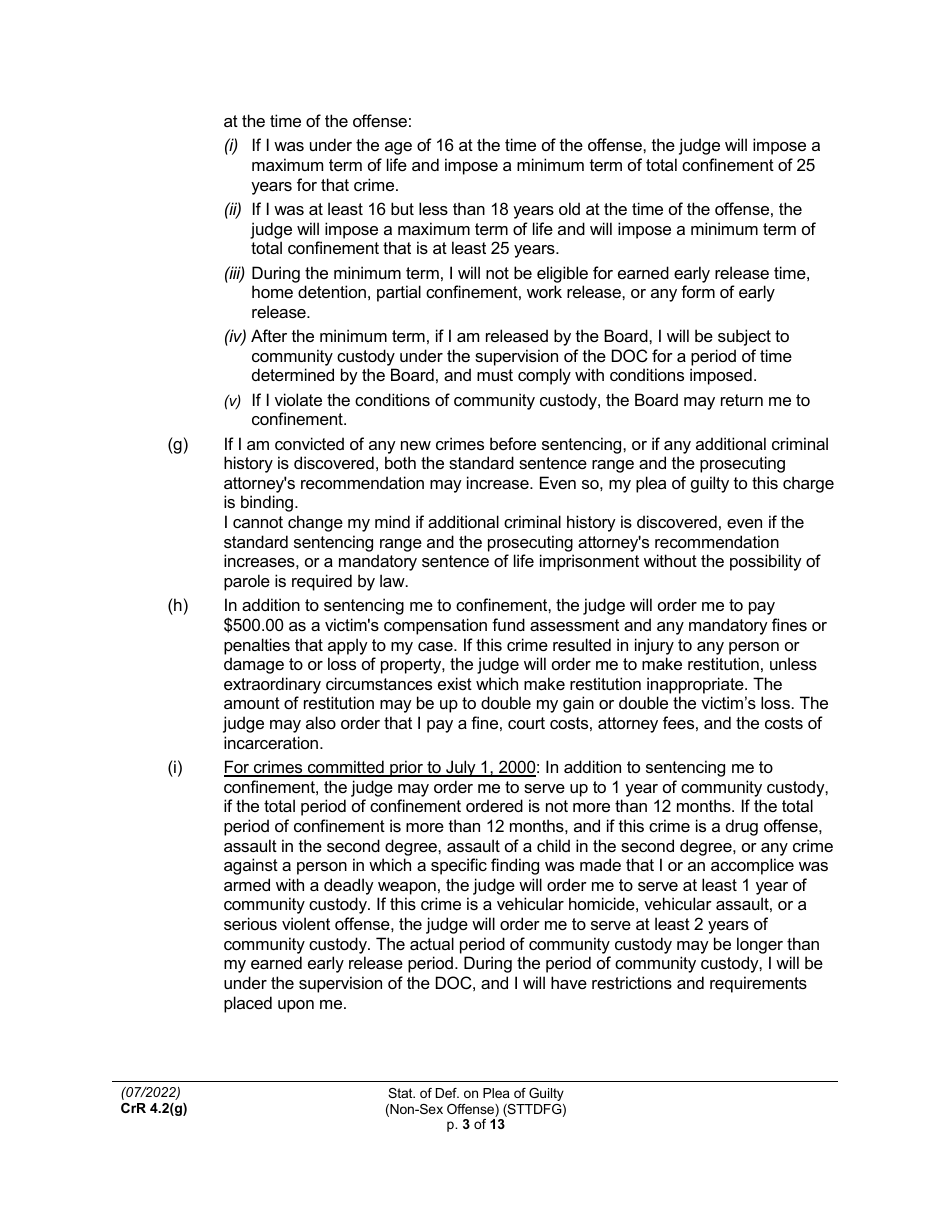 Form CRR4.2(G) NON-SEX OFFENSE Statement of Defendant on Plea of Guilty to Non-sex Offense (Felony) - Washington, Page 3