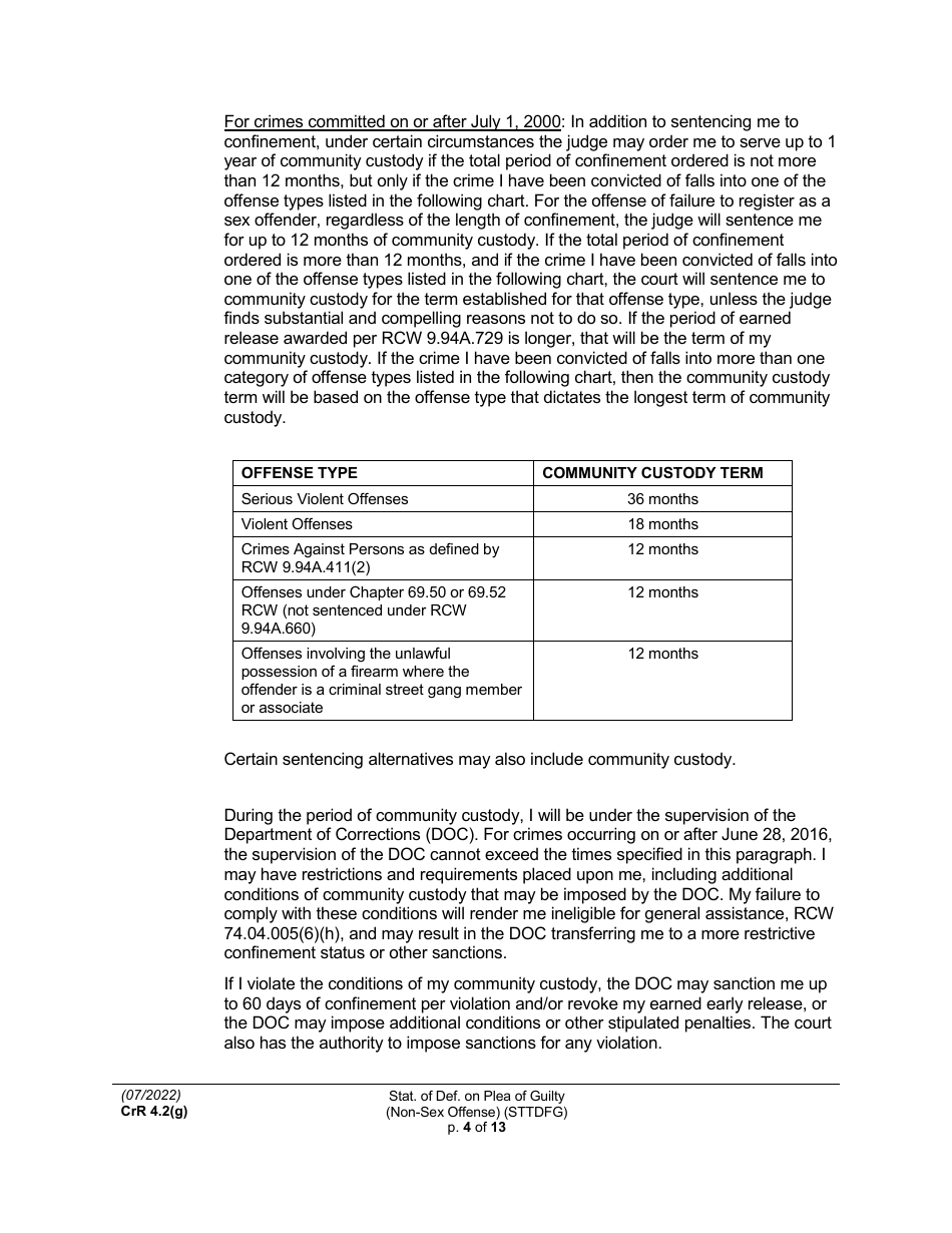 Form CRR4.2(G) NON-SEX OFFENSE Statement of Defendant on Plea of Guilty to Non-sex Offense (Felony) - Washington, Page 4