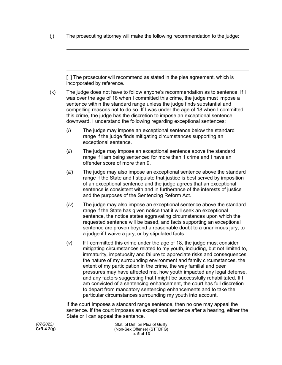 Form CRR4.2(G) NON-SEX OFFENSE Statement of Defendant on Plea of Guilty to Non-sex Offense (Felony) - Washington, Page 5