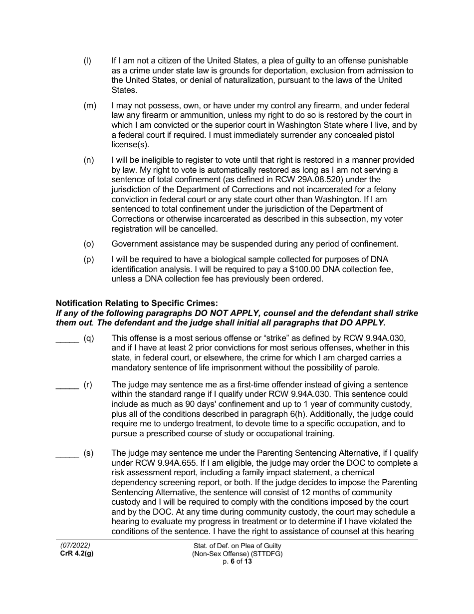 Form CRR4.2(G) NON-SEX OFFENSE Statement of Defendant on Plea of Guilty to Non-sex Offense (Felony) - Washington, Page 6