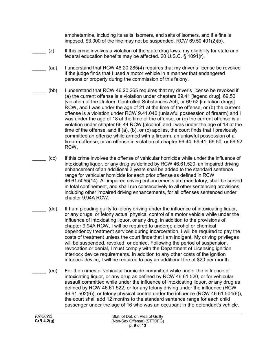 Form CRR4.2(G) NON-SEX OFFENSE Statement of Defendant on Plea of Guilty to Non-sex Offense (Felony) - Washington, Page 9