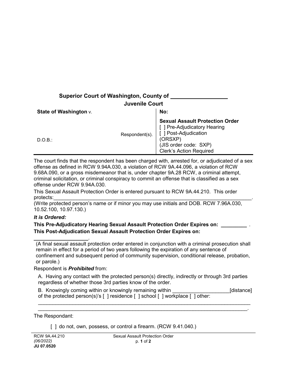 Form JU07.0520 Sexual Assault Protection Order - Washington, Page 1