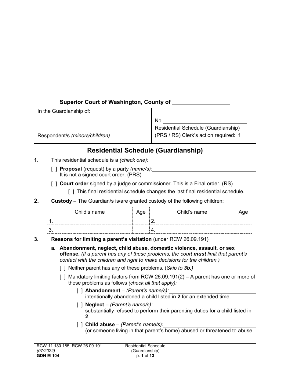 Form GDN M104 Residential Schedule (Guardianship) - Washington, Page 1
