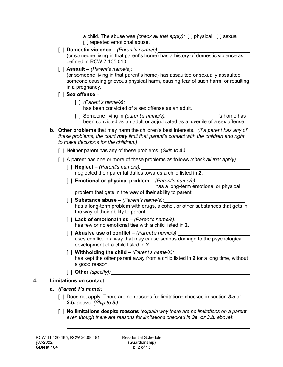 Form GDN M104 Residential Schedule (Guardianship) - Washington, Page 2