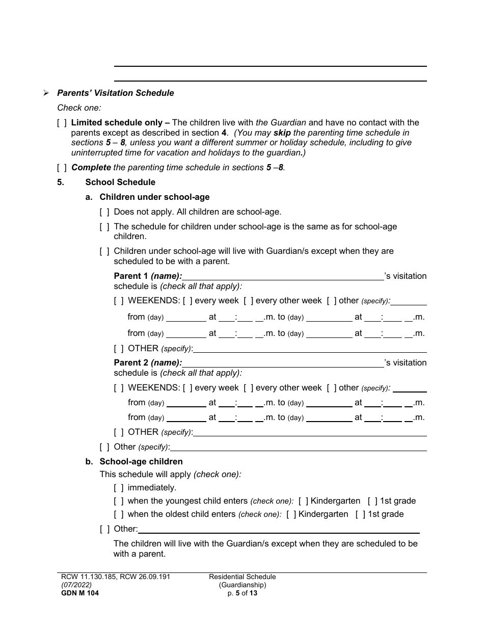 Form GDN M104 Residential Schedule (Guardianship) - Washington, Page 5