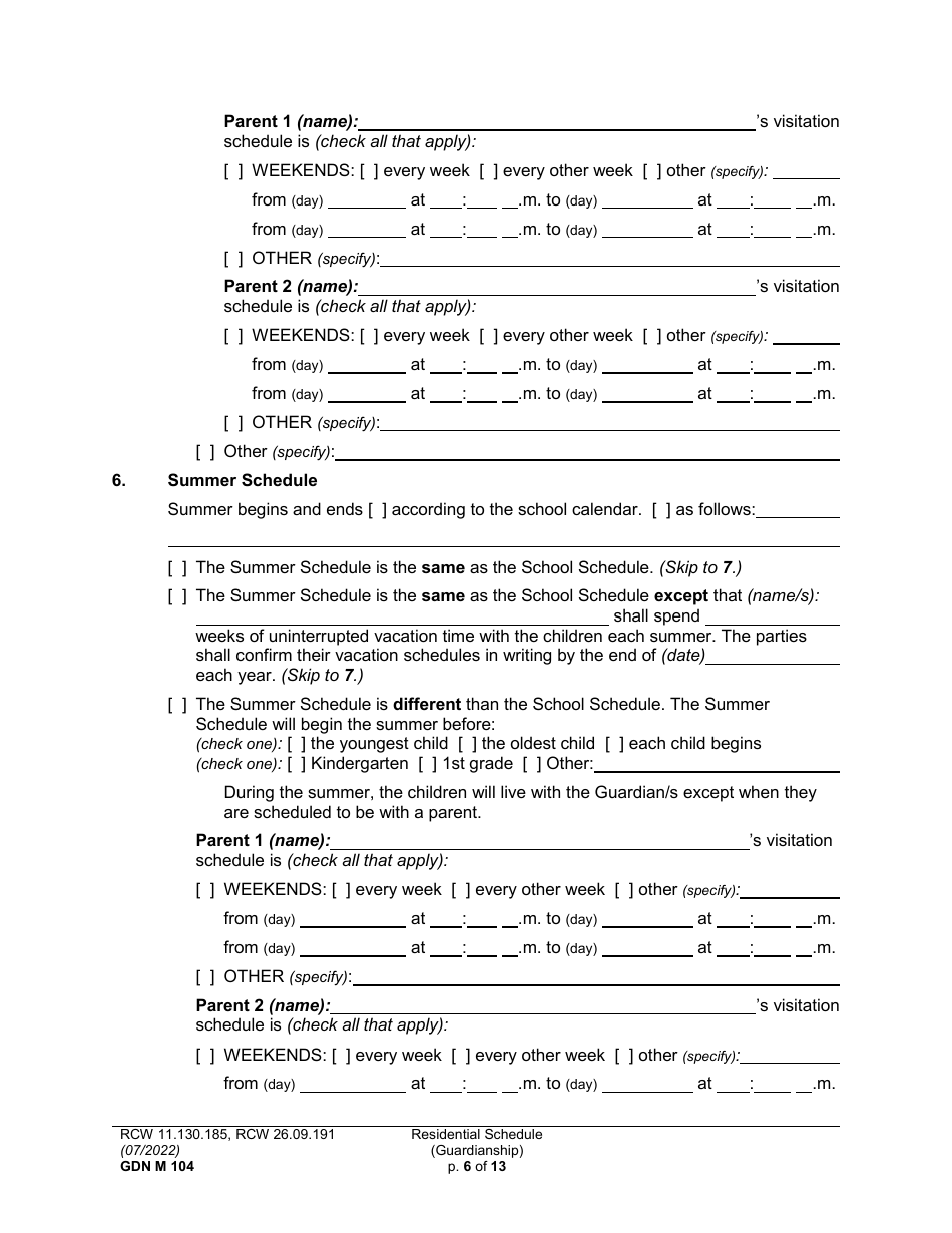Form GDN M104 Residential Schedule (Guardianship) - Washington, Page 6