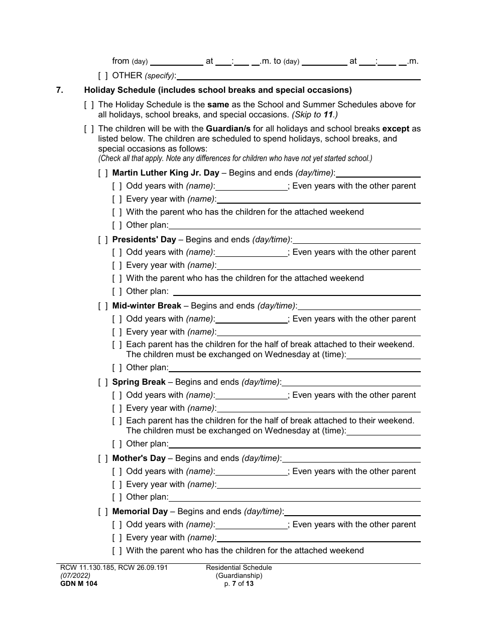 Form GDN M104 Residential Schedule (Guardianship) - Washington, Page 7
