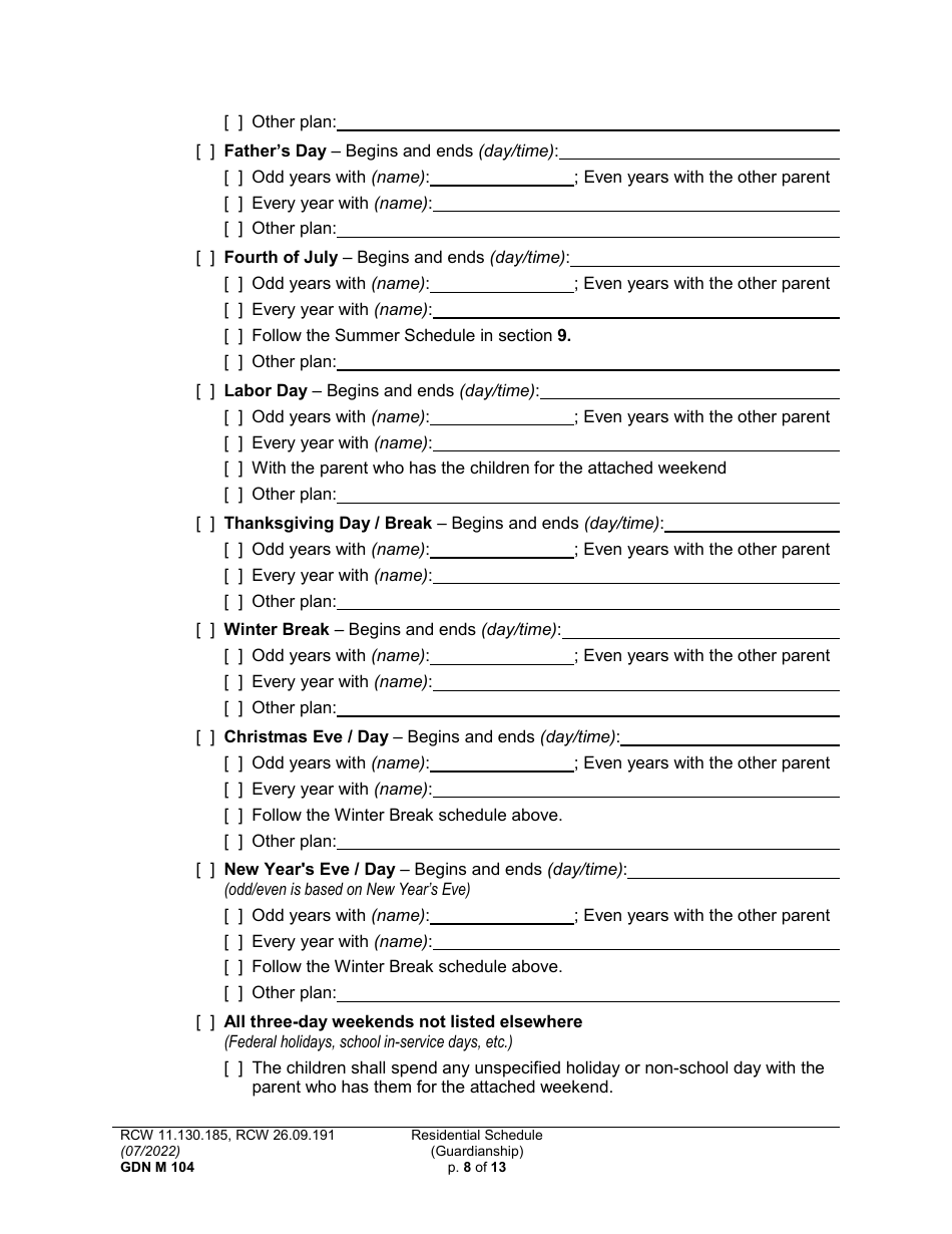 Form GDN M104 Residential Schedule (Guardianship) - Washington, Page 8