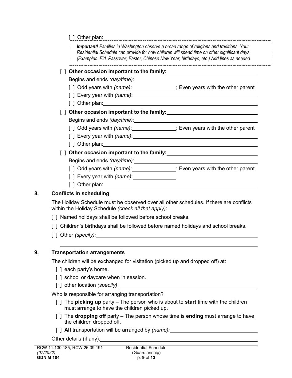 Form GDN M104 Residential Schedule (Guardianship) - Washington, Page 9