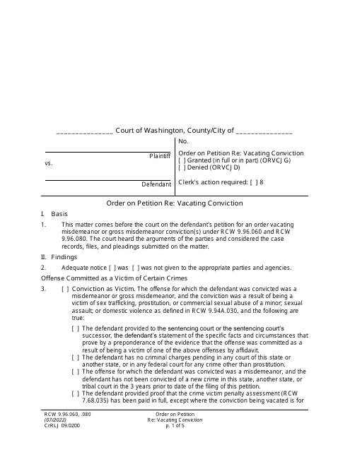 Form CrRLJ09.0200 Order on Petition Re: Vacating Conviction - Washington