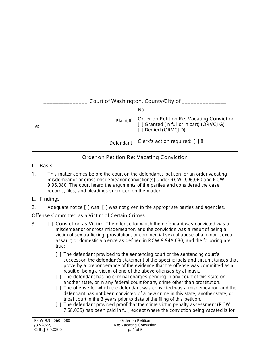 Form CrRLJ09.0200 Order on Petition Re: Vacating Conviction - Washington, Page 1