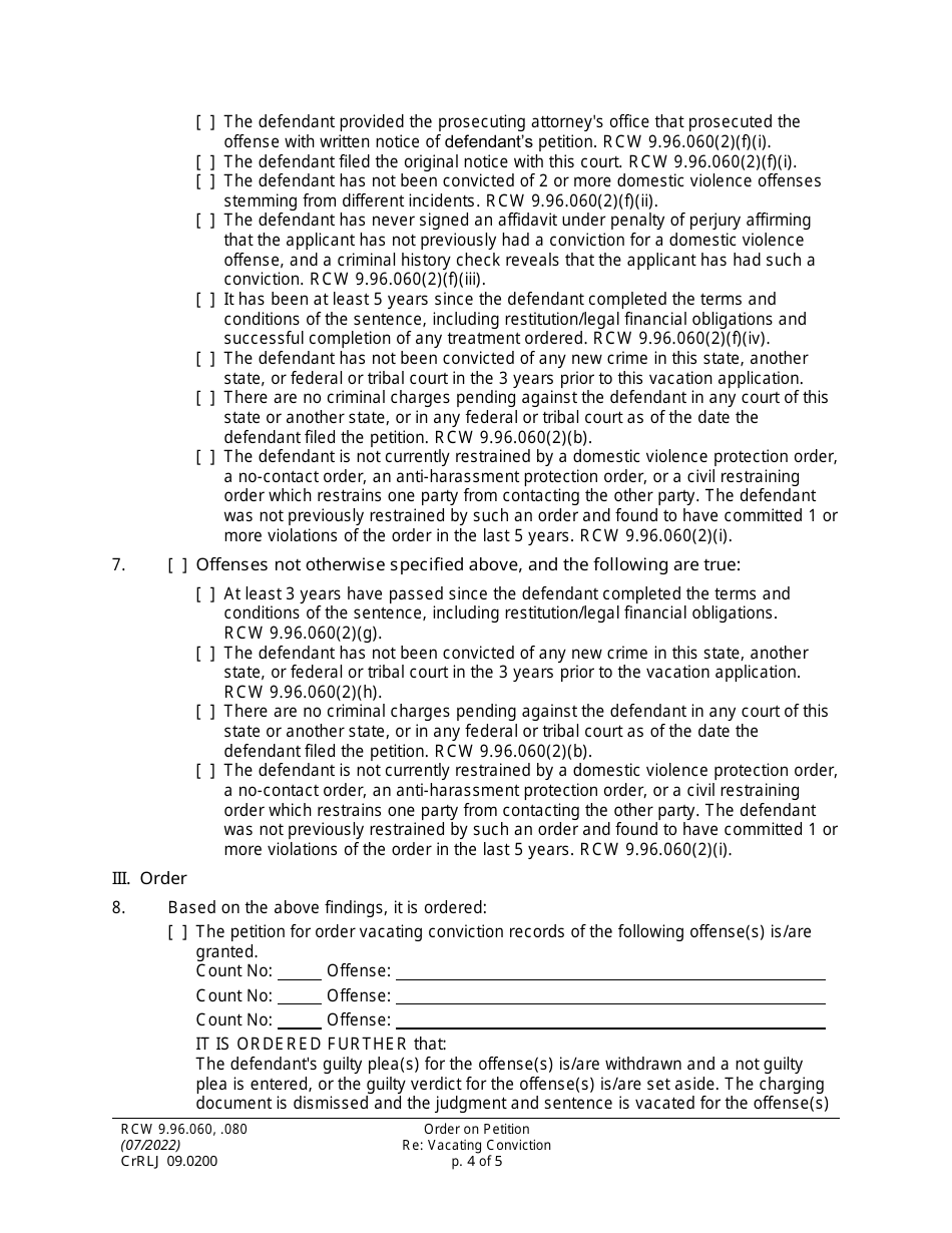 Form CrRLJ09.0200 Order on Petition Re: Vacating Conviction - Washington, Page 4
