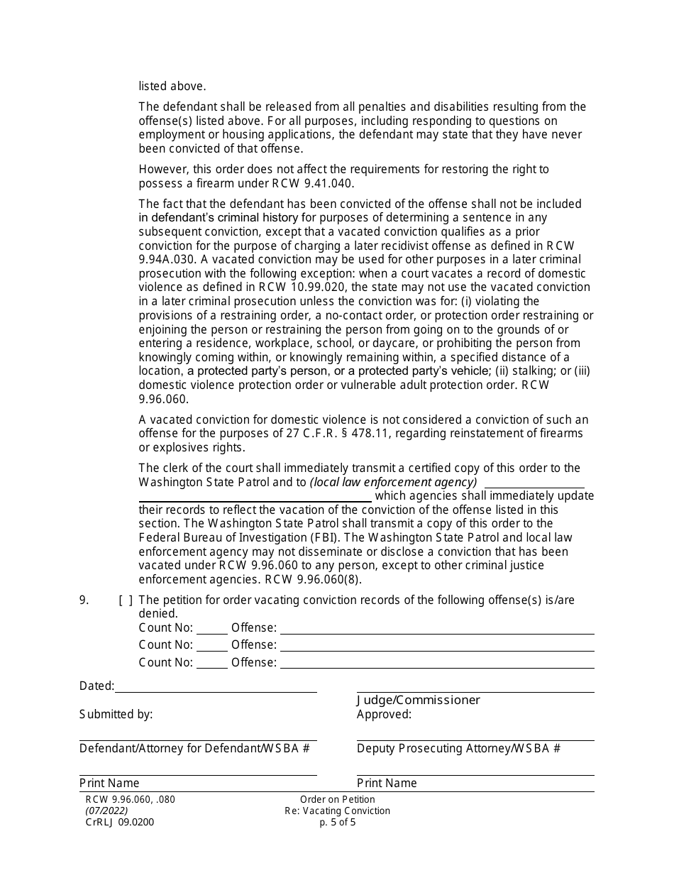 Form CrRLJ09.0200 Order on Petition Re: Vacating Conviction - Washington, Page 5