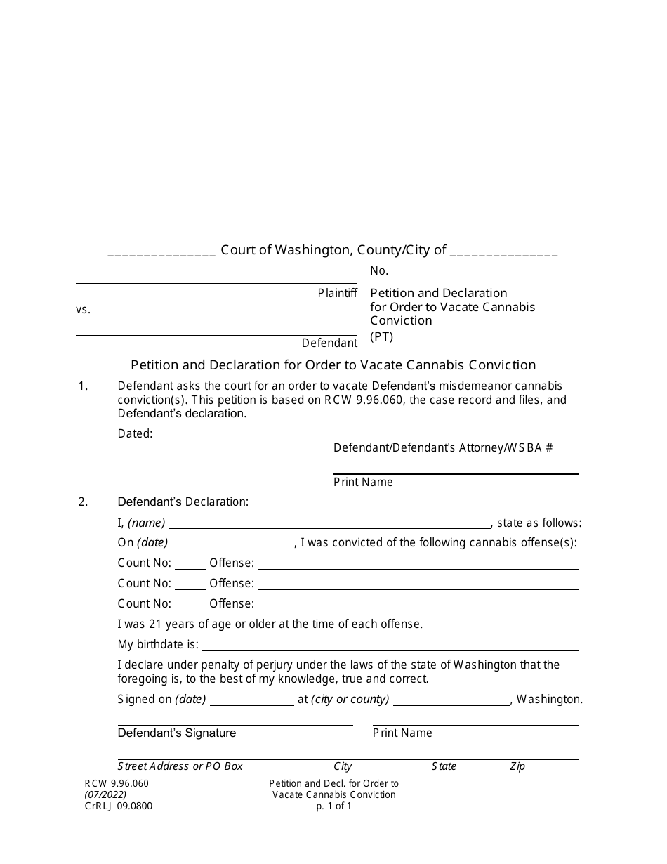 Form CrRLJ09.0800 Petition and Declaration for Order to Vacate Cannabis Conviction - Washington, Page 1