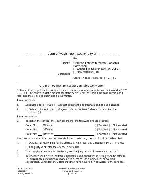 Form CrRLJ09.0870 Order on Petition to Vacate Cannabis Conviction - Washington