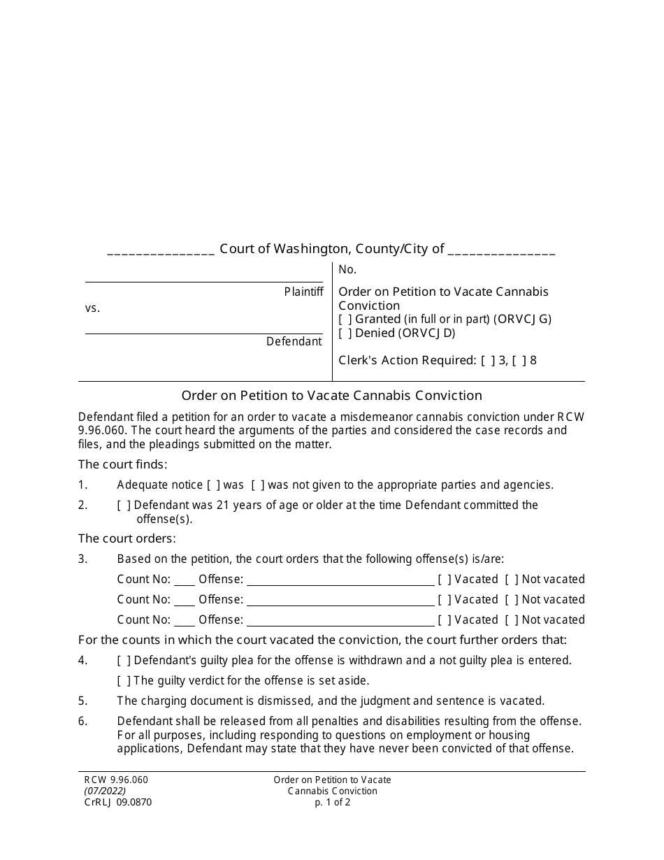 Form CrRLJ09.0870 Order on Petition to Vacate Cannabis Conviction - Washington, Page 1