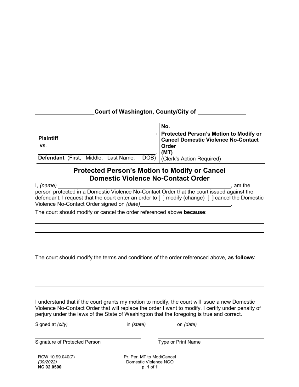 Form NC02.0500 Protected Persons Motion to Modify or Cancel Domestic Violence No-Contact Order - Washington, Page 1