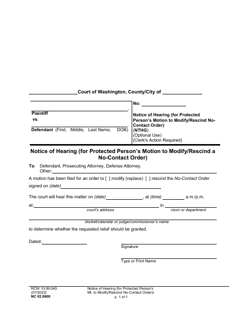 Form NC02.0600 Notice of Hearing (For Protected Person's Motion to Modify/Rescind a No-Contact Order) - Washington
