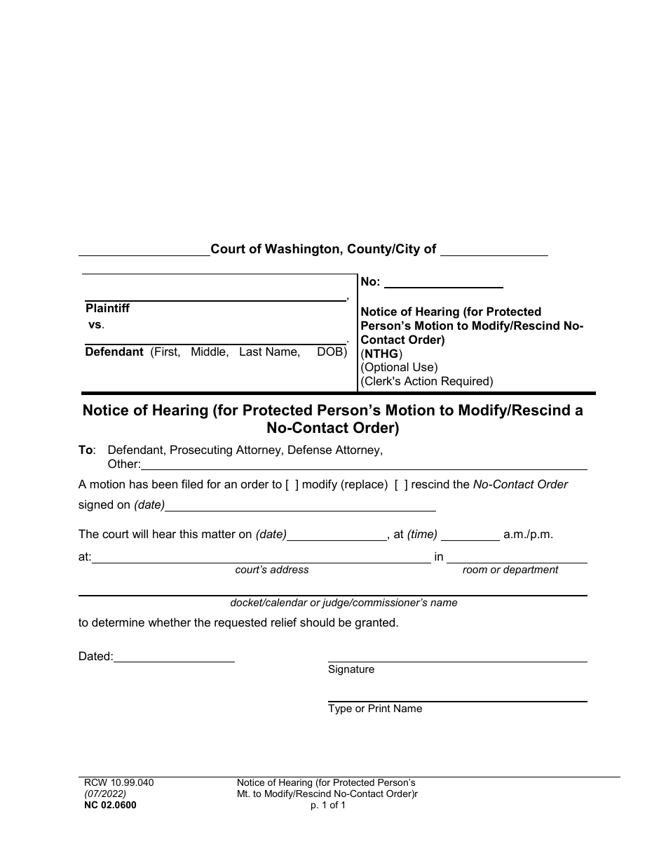 Form NC02.0600 Notice of Hearing (For Protected Persons Motion to Modify / Rescind a No-Contact Order) - Washington, Page 1