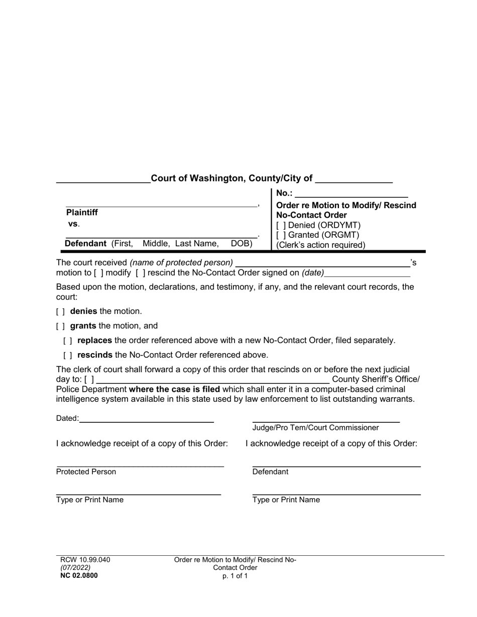 Form NC02.0800 Order Re Motion to Modify / Rescind No-Contact Order - Washington, Page 1