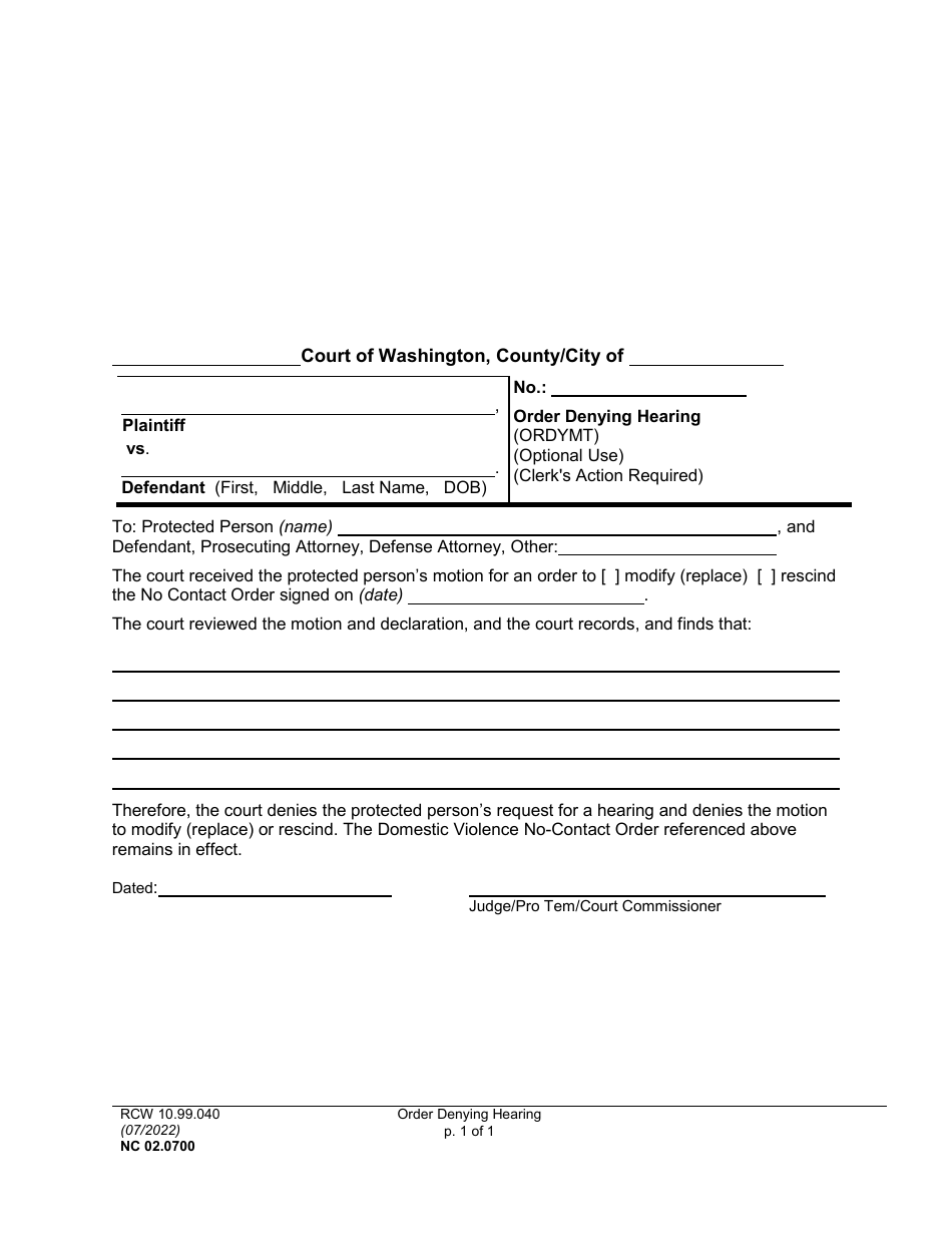 Form NC02.0700 Order Denying Hearing - Washington, Page 1