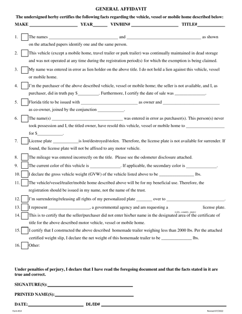 Form 14 General Affidavit - Hillsborough County, Florida