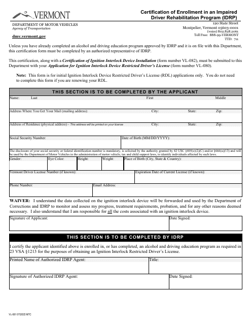 Form VL-081 Certification of Enrollment in an Impaired Driver Rehabilitation Program (Idrp) - Vermont