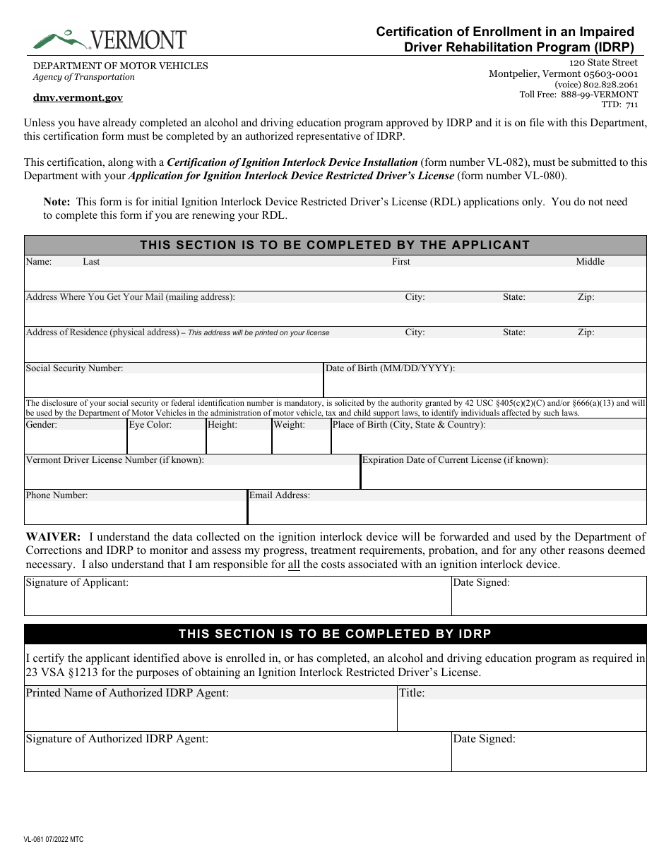 Form VL-081 Certification of Enrollment in an Impaired Driver Rehabilitation Program (Idrp) - Vermont, Page 1