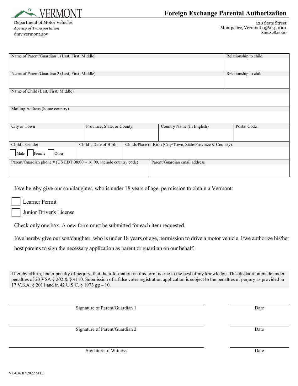 Form VL-036 Foreign Exchange Parental Authorization - Vermont, Page 1